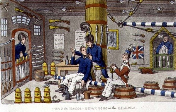 The Gun Room, Newcome in the Bilboes, levy John Mitfordin (1782-1831) 1818 (litho) elokuvasta "The Adventures of Johnny Newcome in the Navy" tekijältä Charles (c.1797 1850) (after) Williams