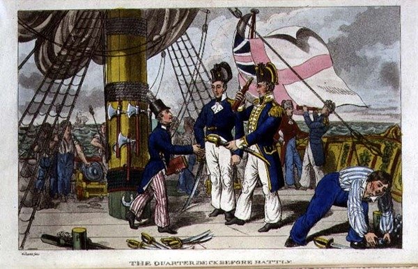 Quarter Deck ennen taistelua, levy John Mitfordin (1782-1831) 1818 (litho) elokuvasta "Johnny Newcomen seikkailut laivastossa" tekijältä Charles (c.1797 1850) (after) Williams