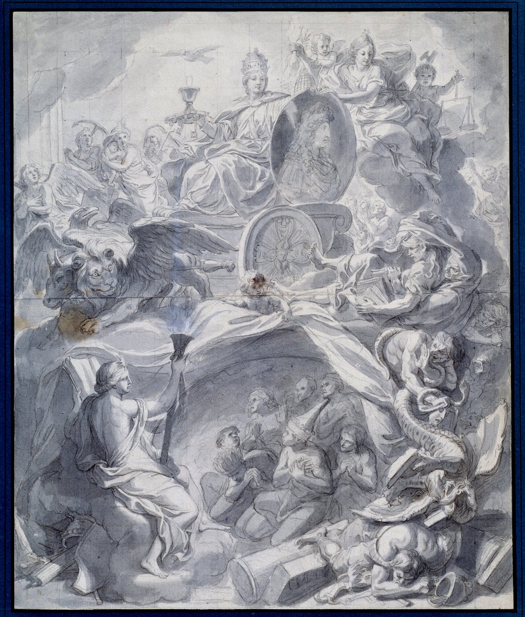 Allegoria: "" Harhaopin voittokirkko tai uskonnon voitto"" Guassin piirtäminen ja Charles Lebrunin (Le Brun) (1619-1690) työpajan pesu 1600-luvun Pariisissa, Musee du Louvre tekijältä Charles (studio of ) Le Brun