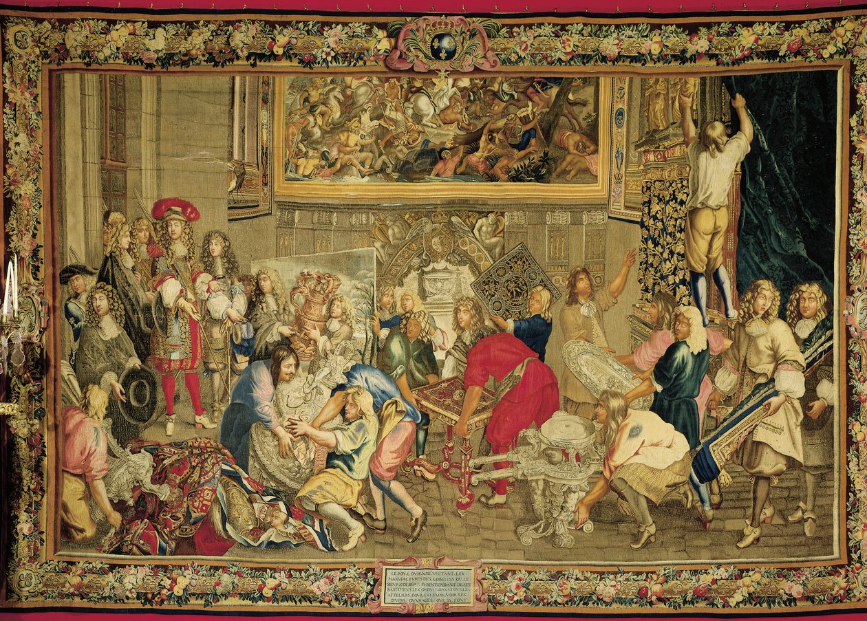 Ludvig XIV vierailee Gobelins-tehtaalla tekijältä Charles (studio of ) Le Brun