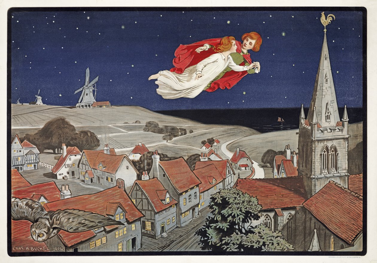 Peter ja Wendy lentää Peter Panista, kirjoittanut J M Barrie (1860 - 1937), pub.1904 (väri litho) tekijältä Charles A. Buchel