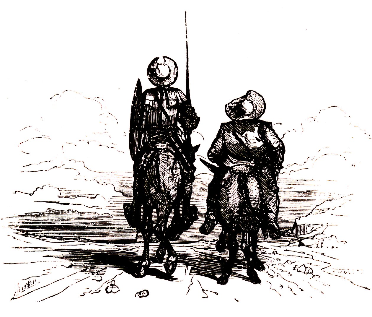 Don Quijote hevosensa selässä, vieressä Sancho aasinsa selässä... tekijältä Charles Albert d