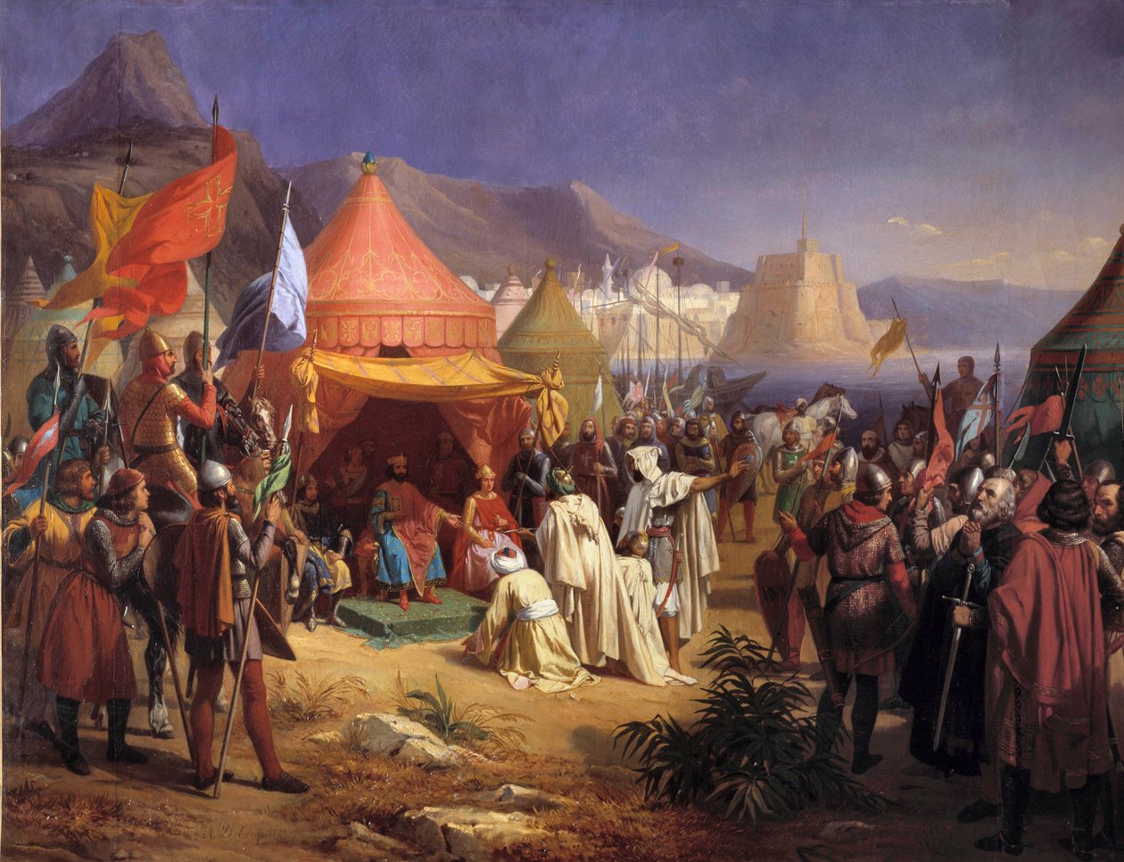 Tripolista huhtikuussa 1102 otettu Bertrand de Saint-Gilles (Saint Gilles) (1065-1112) vastaanotti Charles Alexandren (Charles-Alexandre) Debacqin (1804-1850) cadi Fekr el Moulk (Fakhr el-Moulk) maalauksen. ) tekijältä Charles Alexandre Debacq