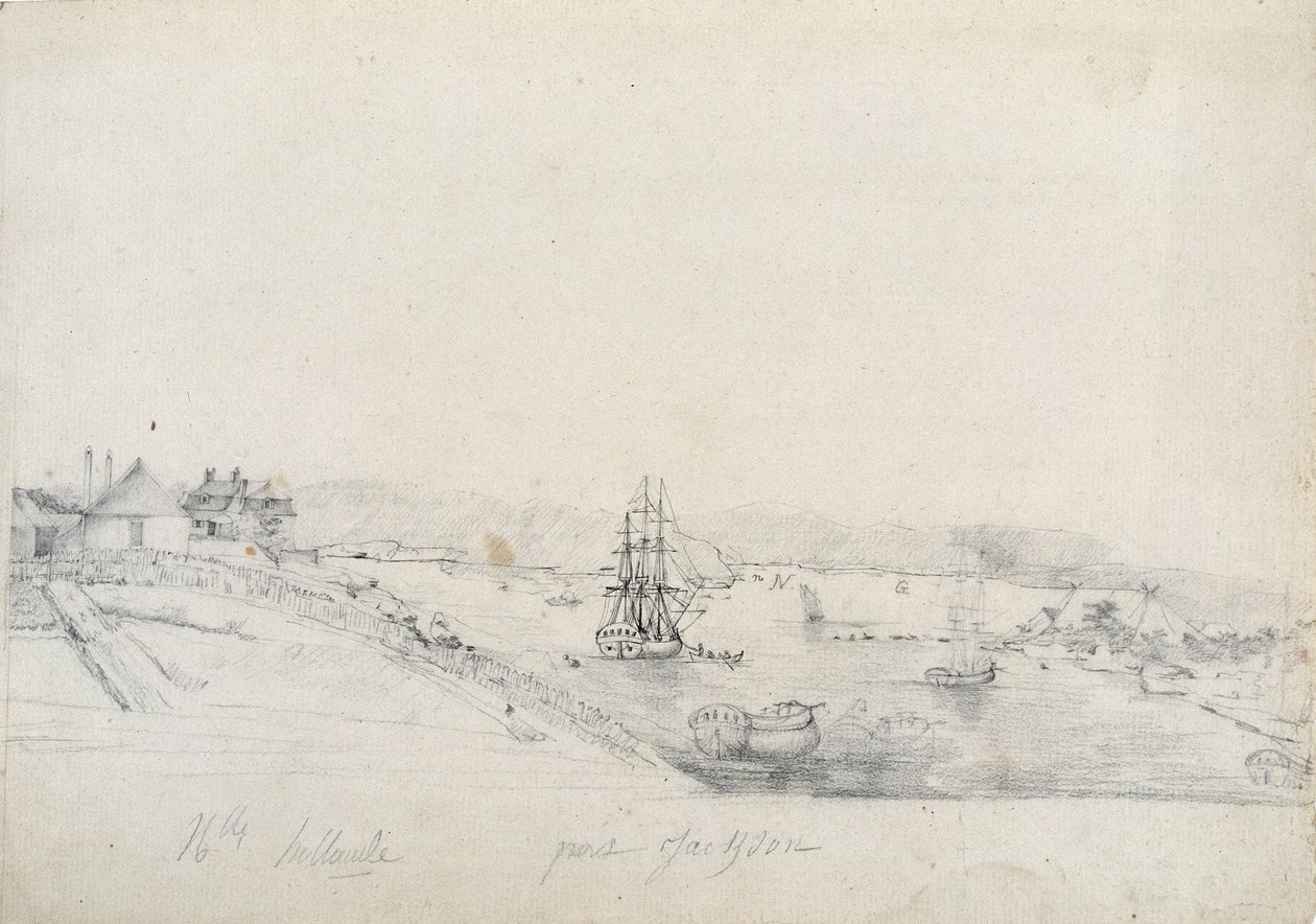 Oikealla Baudinin retkikunnan ranskalaisten leiri Bennelongin pisteessä, vasemmalla Sydney, Nicolas Bayley-lyijykynän ja musteen koti Charles Alexandre Lesueur tekijältä Charles Alexandre Lesueur