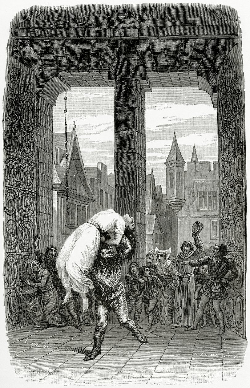 Quasimodo pelastaa Esmeraldan teloituksesta - kuvitus Notre Dame de Parisista, 1800-luku (bw-kaiverrus) tekijältä Charles Alexandre Lesueur