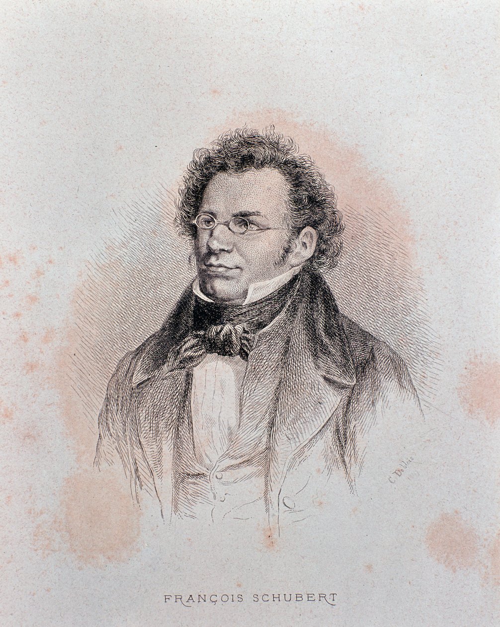 Franz Schubertin muotokuva (kaiverrus tekijältä Charles Alphonse Deblois