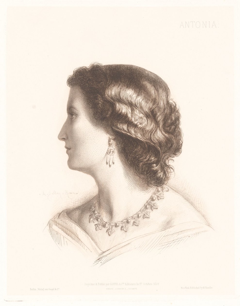Italian naisen muotokuva Antonia. (otsikko esineessä) Italian naisten muotokuvia (sarjan nimi) tekijältä Charles Alphonse Paul Bellay