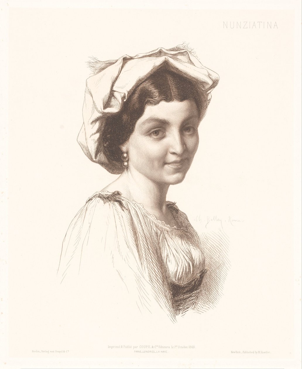 Italian naisen muotokuva Nunziatina (otsikko esineessä) Italian naisten muotokuvia (sarjan nimi) tekijältä Charles Alphonse Paul Bellay