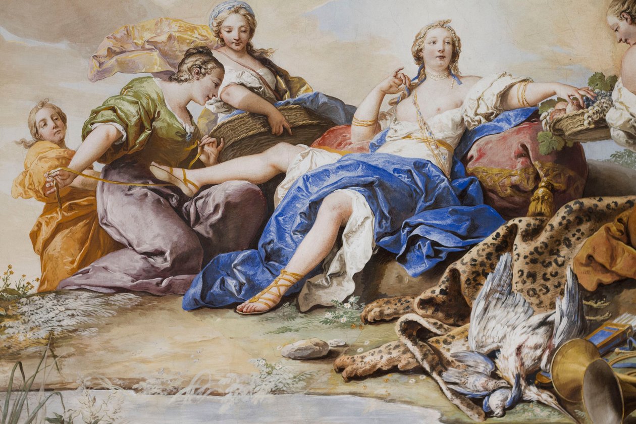 Loput Dianasta nymfien joukossa, Charles-Andre van Loo (1705-1765), fresko, makuuhuoneen holvikatot, kuningattaren asunto, metsästysasunto, kirjoittanut Filippo Juvarra (1678-1736). ), Stupinigi, Piemonte, Italia tekijältä Charles André van Loo