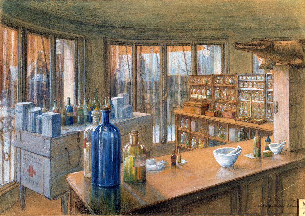Alankomaiden sotasairaalan apteekki Pariisissa, 1917 (kynä ja liitu paperille) tekijältä Charles Andre Igounet de Villers