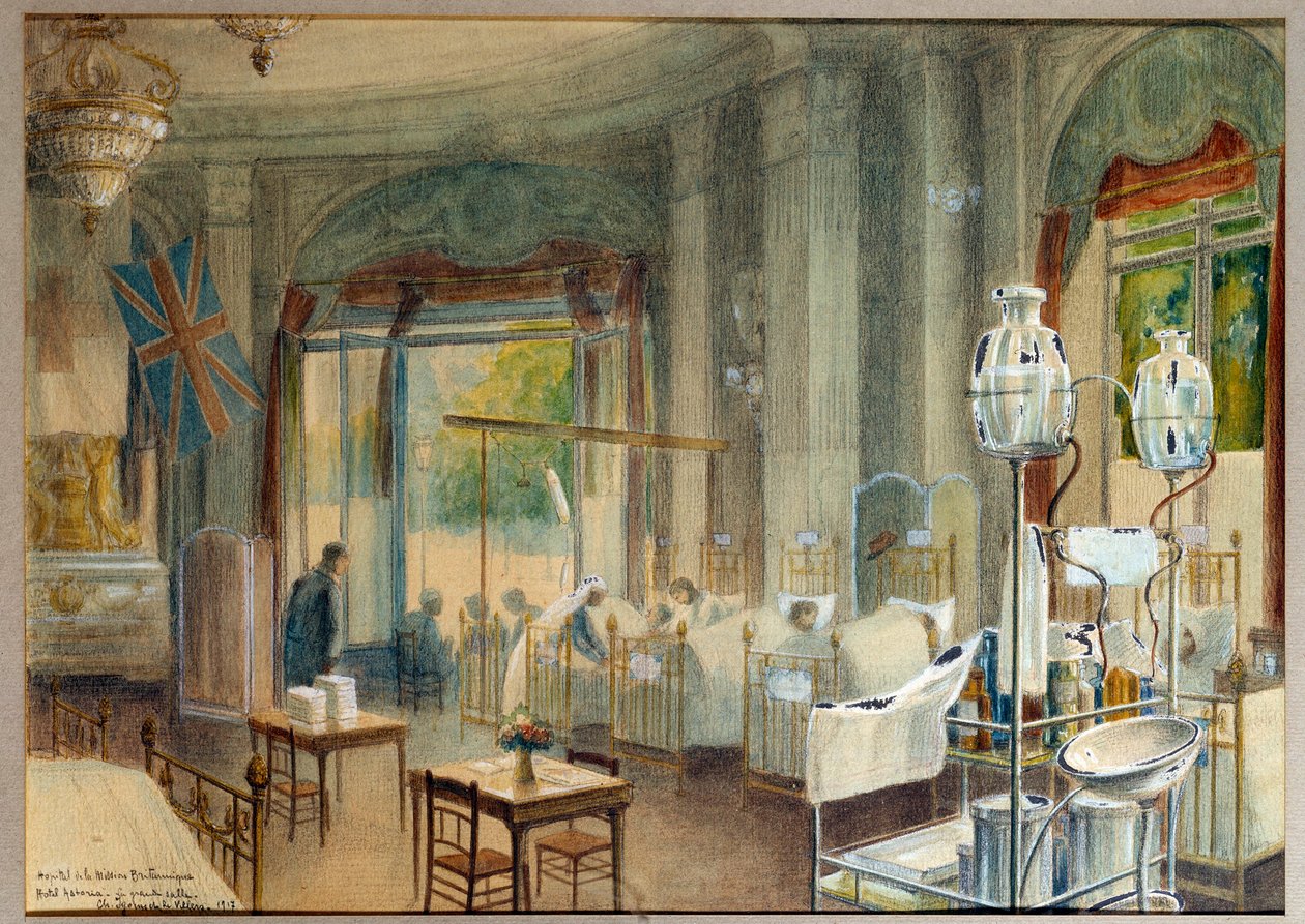 Näkymä Hotel Astorian brittiläisen sairaalan suuresta huoneesta. Charles Igunet De Villersin maalaus (1881 - 1944) tekijältä Charles Andre Igounet de Villers