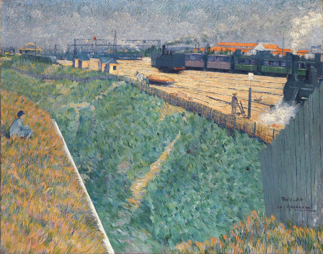 Angrand, Charles (1854-1926) Läntinen rautatie liittymässä Pariisista Öljy kankaalle 1886 National Gallery, Lontoo 73x92 tekijältä Charles Angrand
