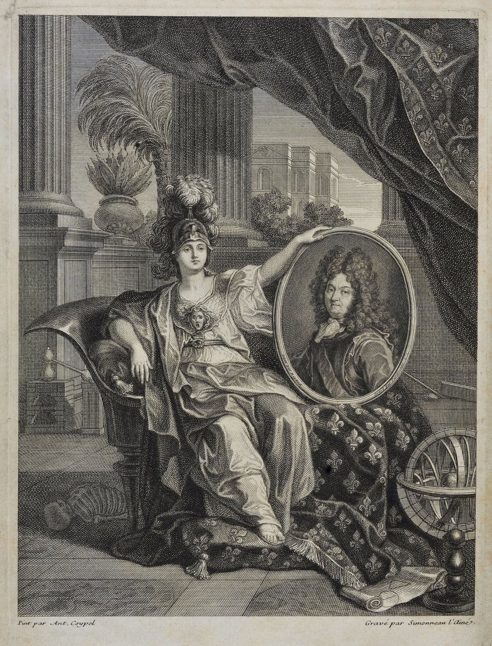 Ludvig XIV (1638-1715), Ranskan kuningas, tieteiden suojelija - Antoine Coypelin kaiverrus kirjaan "History of the Royal Academy of Sciences" 1703 tekijältä Charles Antoine (after) Coypel