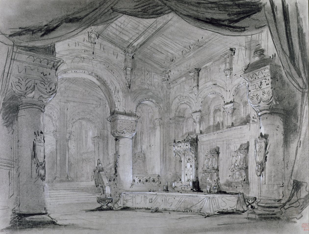 Lavastus palatsin sisustuksesta Giuseppe Verdin (1813-1901) oopperan "Macbeth" esitykseen Theatre Lyriquessa, Chatelet, 1865 (hiili ja valkoinen liitu paperille) tekijältä Charles Antoine Cambon