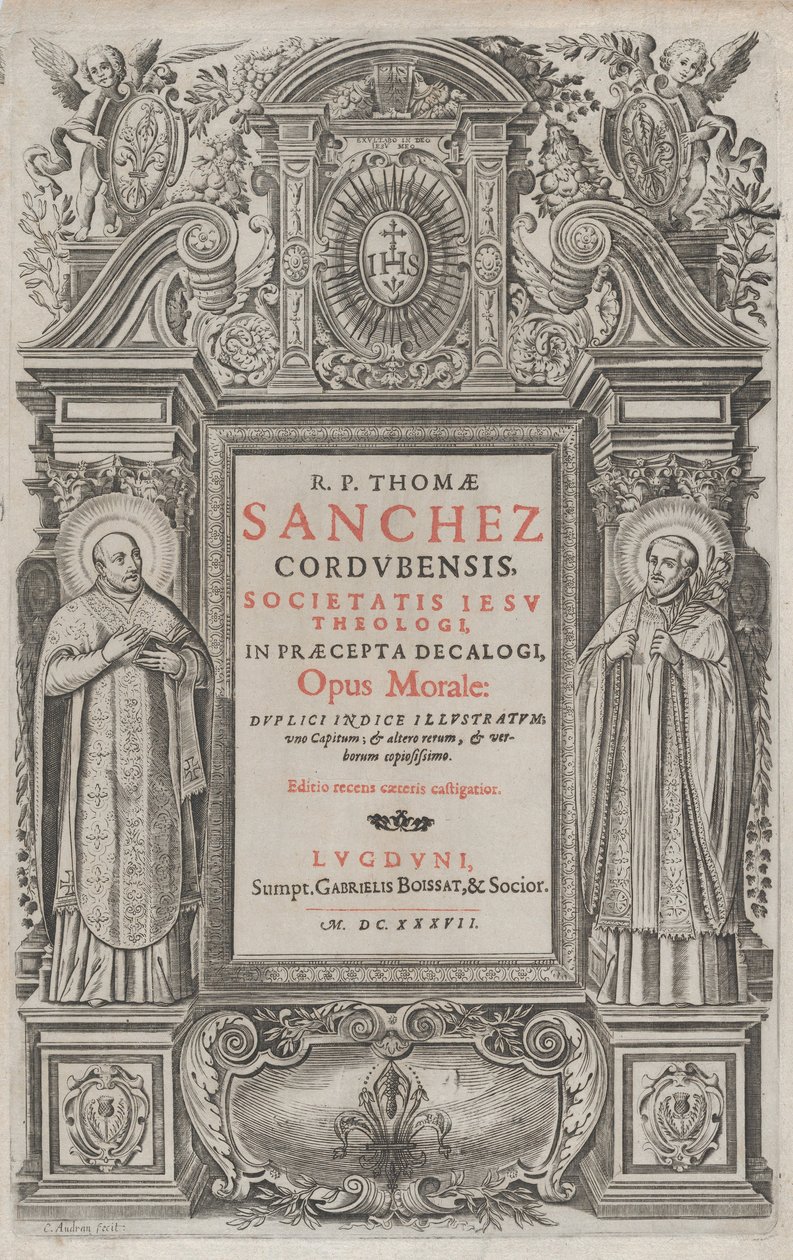 Etukappale teokselle "Opus morale in the Precepts of the Decalogue", 1637. tekijältä Charles Audran