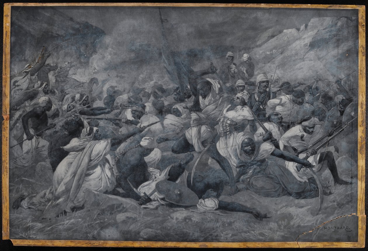 "Egyptin armeijan tappio Hicks Pashan johdolla Mahdi Muhummad Ahmadin joukkojen toimesta El Obeidissa", 5. marraskuuta 1883 (akvarelli en grisaille) tekijältä Charles Auguste Loye