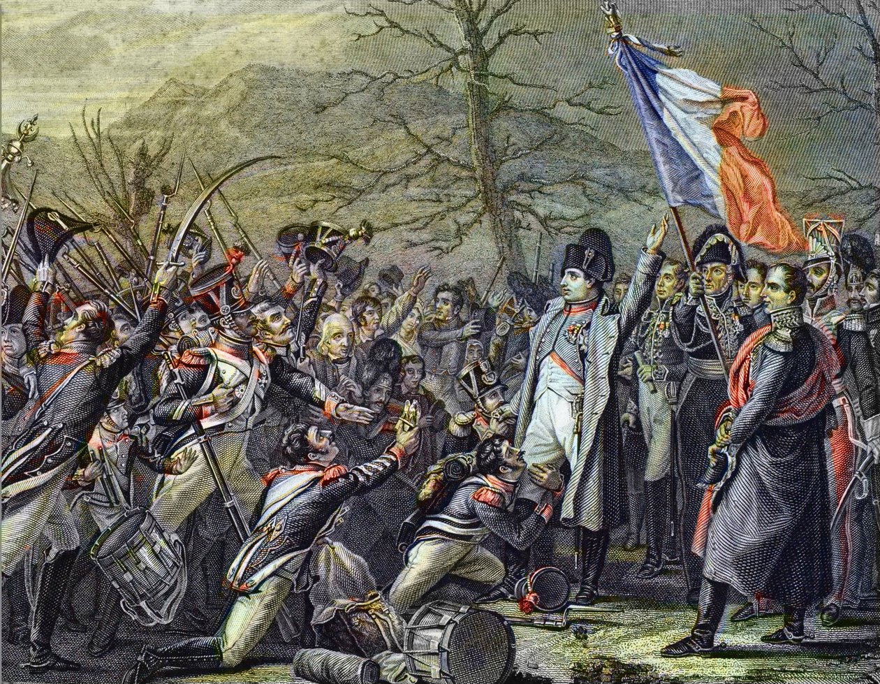 Napoleon palaamassa Elbasta - kaiverrus Steubenin mukaan - "" Napoleon I:n paluu Elban saarelta debarquelta Cannesiin 1. maaliskuuta 1815"" tekijältä Charles Auguste (after) Steuben