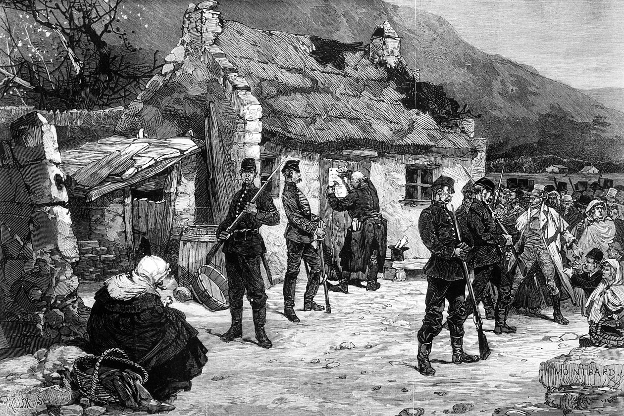 Irlantilaisen maanviljelijän häätö Englannin poliisin toimesta, F. Mollerin painatus Le Monde Illustrésta, 1880 tekijältä Charles Auguste Loye