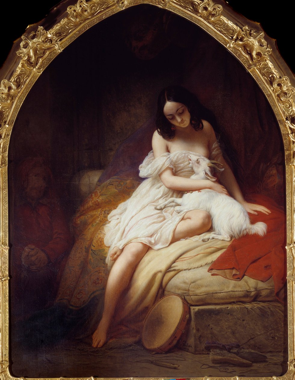 Esmeralda Victor Hugon (1802-1885) "Notre Dame de Paris" -hahmon esitys. Charle Auguste Steubenin (1788-1856) maalaus 1839 Nantes, Musee des Beaux Arts tekijältä Charles Auguste Steuben