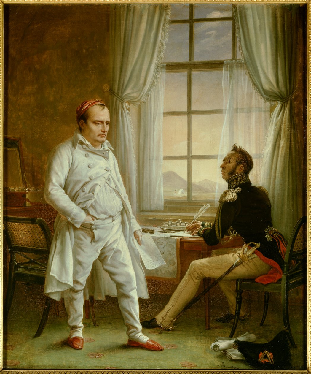 Napoleon I sanelemassa muistomerkkejä kenraali Gourgaudille (maalaus tekijältä Charles Auguste Steuben