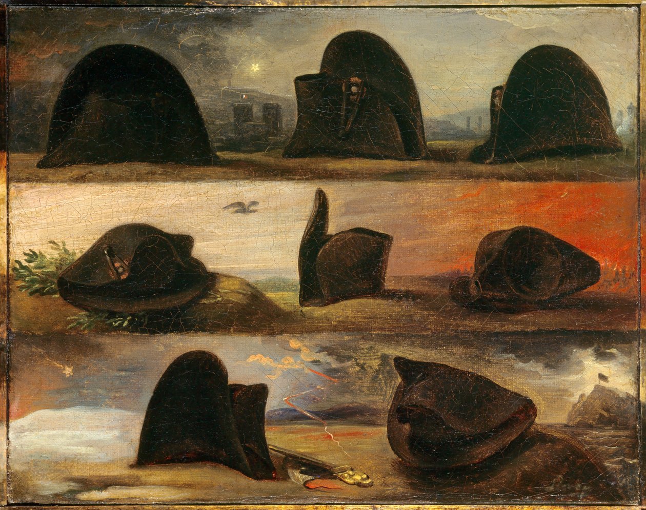 Napoleon I:n aikakaudet tai Napoleonin elämä kahdeksassa hatussa. Charles Auguste Steubenin (1788-1856) maalaus Ec. Kaikki, v. 1826. Öljy kankaalle. Mitat: 0,26 x 0,29 m. Malmaison, Musee du Chateau tekijältä Charles Auguste Steuben