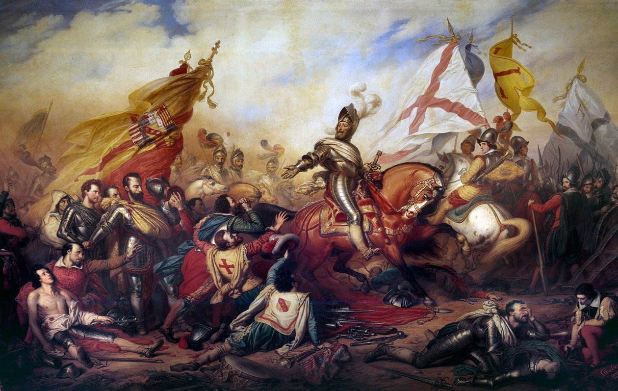 Uskonsodat (1562-1598): "" Ranskan kuningas Henrik IV (1553-1610) Ivryn taistelussa 14.3.1590"" Kuninkaallinen armeija voitti Katolisen liigan armeijaa vastaan. Yksityiskohta Charles de Steubenin (1788-1856) maalauksesta 1800-luvun aurinko. 4,2x8,1 m - Wa tekijältä Charles Auguste Steuben