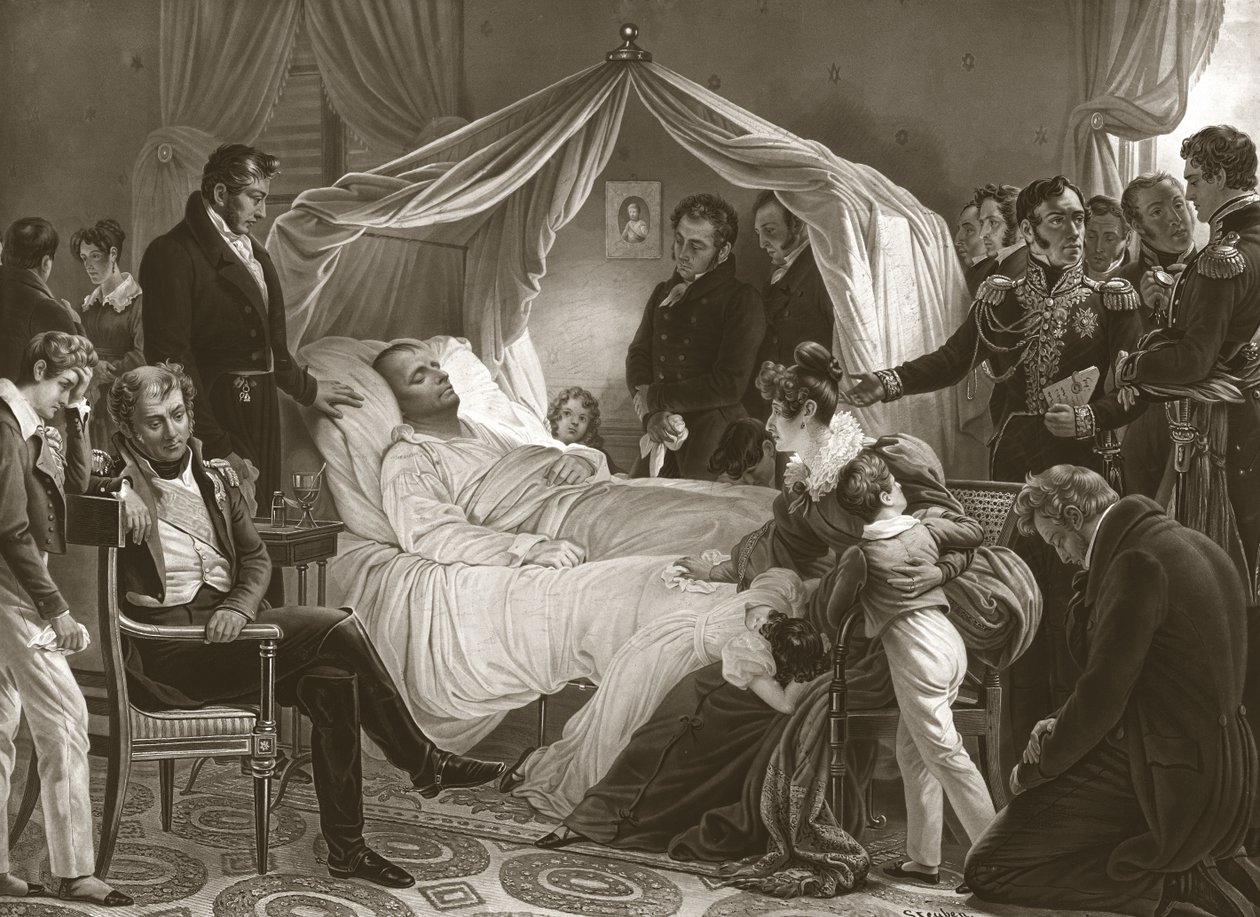 Napoleon kuolinvuoteellaan, 5. toukokuuta 1821 tekijältä Charles Auguste after Steuben