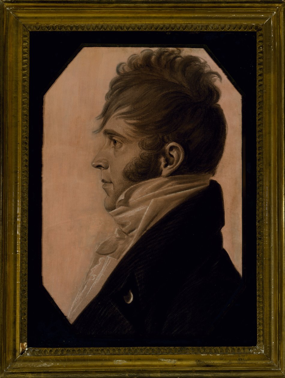 Miehen muotokuva, c. 1804 (musta liitu korotettu valkoisella vaaleanpunaisella paperilla) tekijältä Charles Balthazar Julien Févret de Saint Mémin