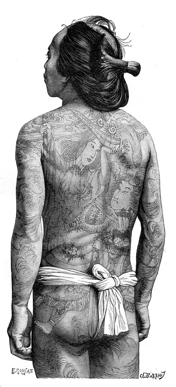 Japanilainen mies, jolla on tatuoitu selkä, 1895. tekijältä Charles Barbant