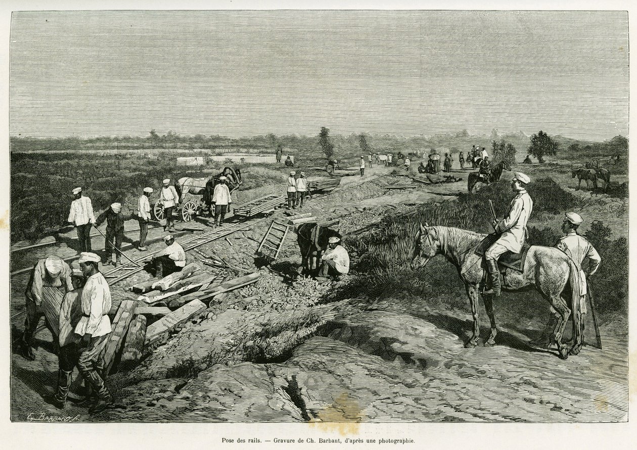 Transkaspian kiskojen laskeminen. Kaiverrus Ch. Barbant havainnollistaa Edgar Boulangerin tarinaa Voyage a Merv, in le tour du monde 1887, ohjaaja Edouard Charton (1807-1890), Hachette, Paris. tekijältä Charles Barbant