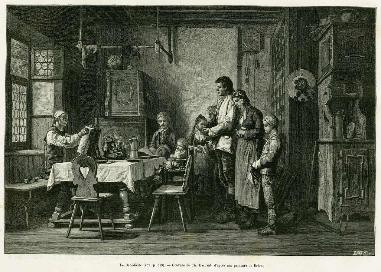 Benediciitti. Barbant-kaiverrus Brionin maalauksen jälkeen havainnollistamaan tarinaa A Through Alsace and Lorraine, Charles Grad, saksalainen deputer, vuonna 1884, tour du monde 1886, ohjaaja Edouard Charton (1807-1890), Hachette, Paris. tekijältä Charles Barbant