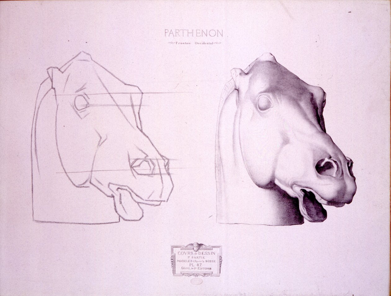 Hevosen pää Parthenonin länsipäädystä, levy 47 Cours de Dessinistä, n. 1898 tekijältä Charles Bargue