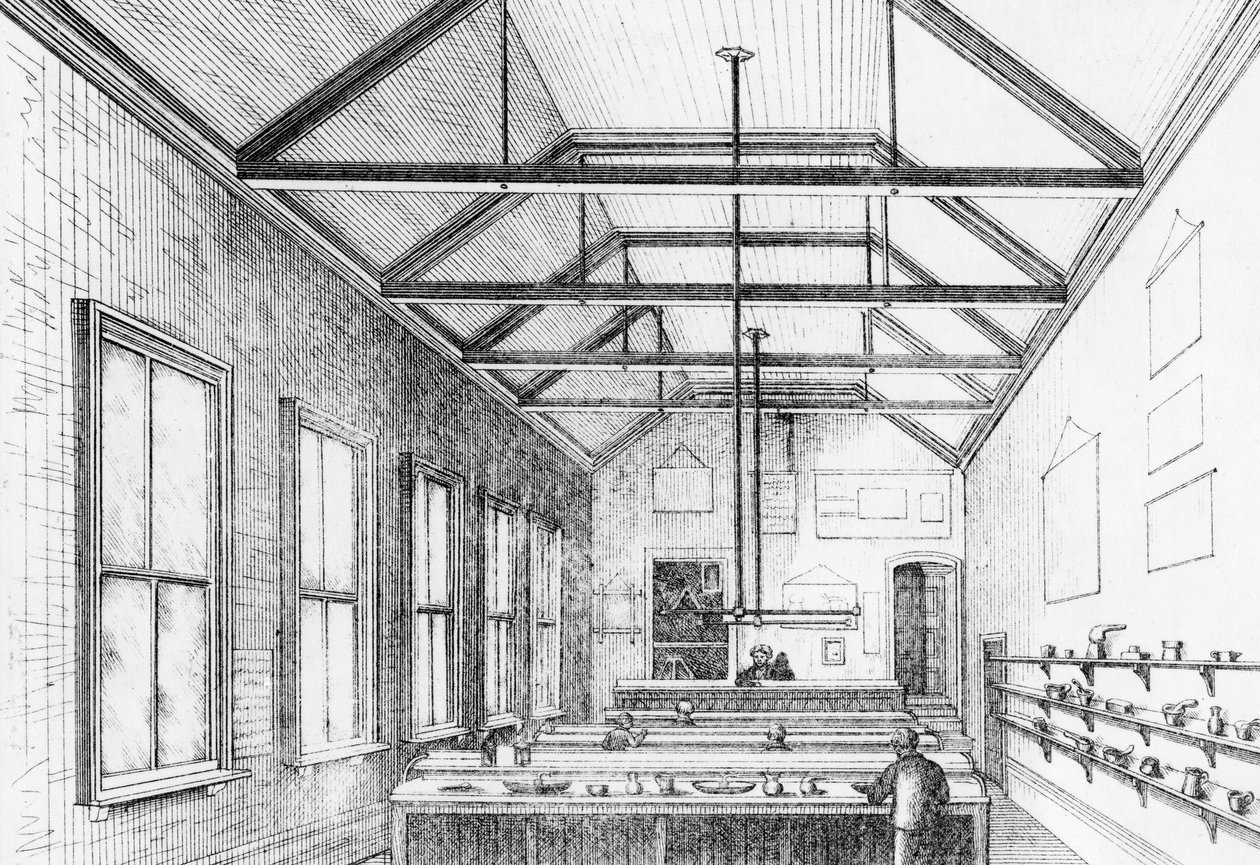 Kemiallinen laboratorio, Dulwich College, n. 1870 (litografia) tekijältä Charles Barry