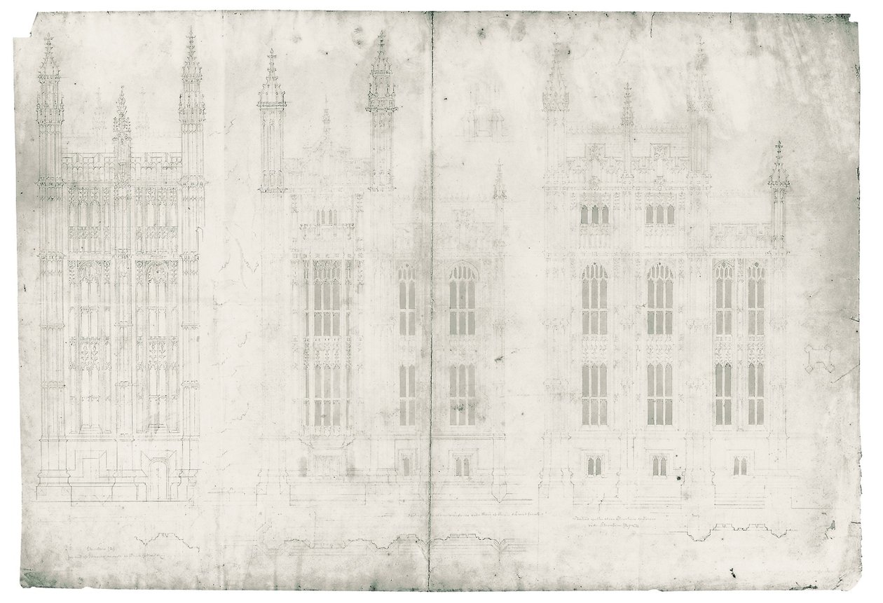 Piirustus parlamenttitalolle, n. 1836-1840 (kynä ja muste paperille) tekijältä Charles Barry