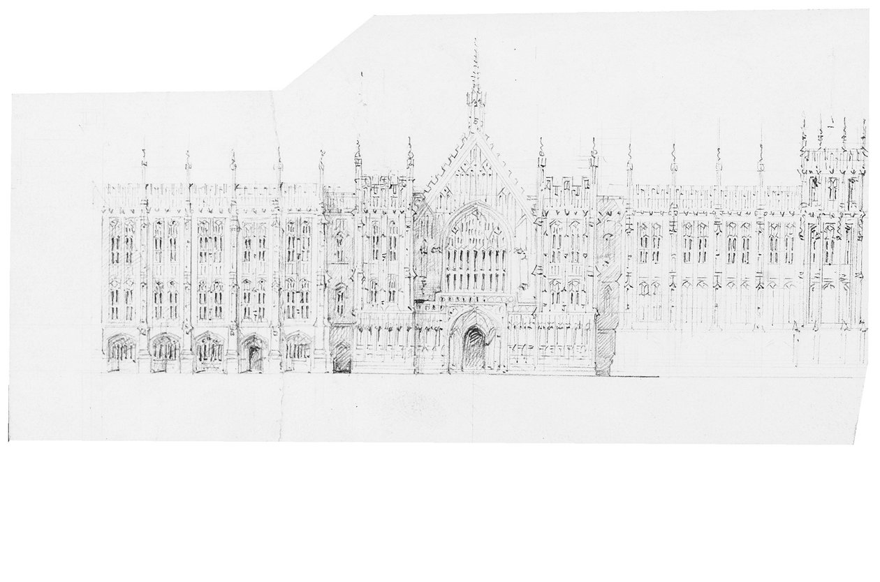 Piirustus parlamenttitalolle, n. 1836-1840 (kynä paperille) tekijältä Charles Barry