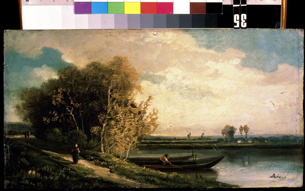 ""La berge"" (rannikko) Joenvarsimaisema kalastajan ja talonpojan kanssa. Charles Barthelemy Jean Durupt (1804-1838) maalaus 1800-luvun Mihail Kroshitskyn taidemuseo, Sevastopol (Sevastopol) Ukraina tekijältä Charles Barthelemy Durupt