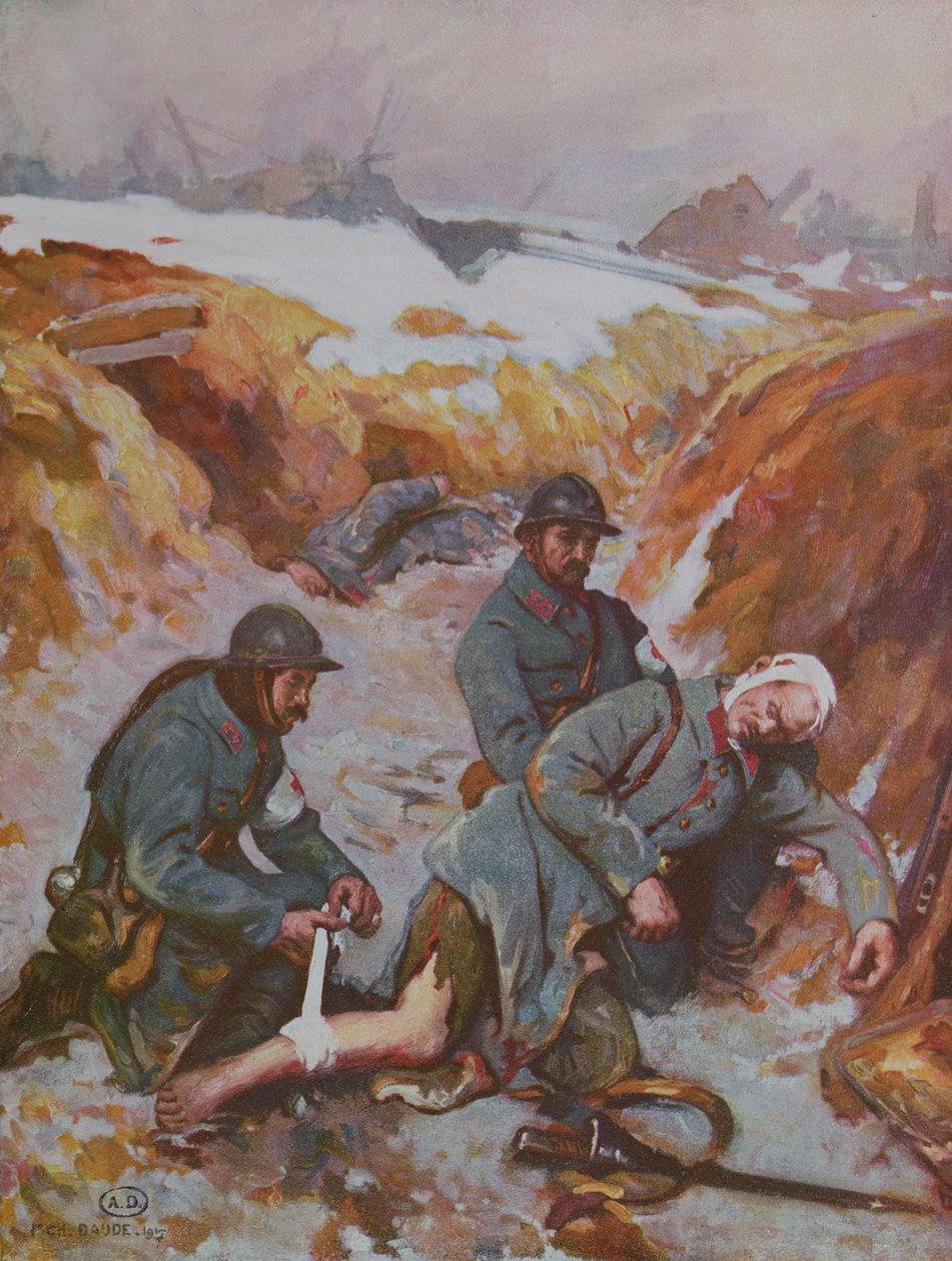 Punaisen Ristin sairaanhoitaja pukemassa haavaa ensimmäisen maailmansodan aikana tekijältä Charles Baude