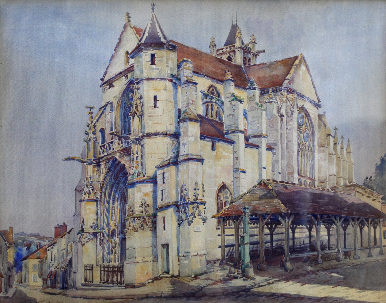 Moret sur Loingin kirkko, eteläpuoli, n. 1906 (akvarelli) tekijältä Charles Bernier