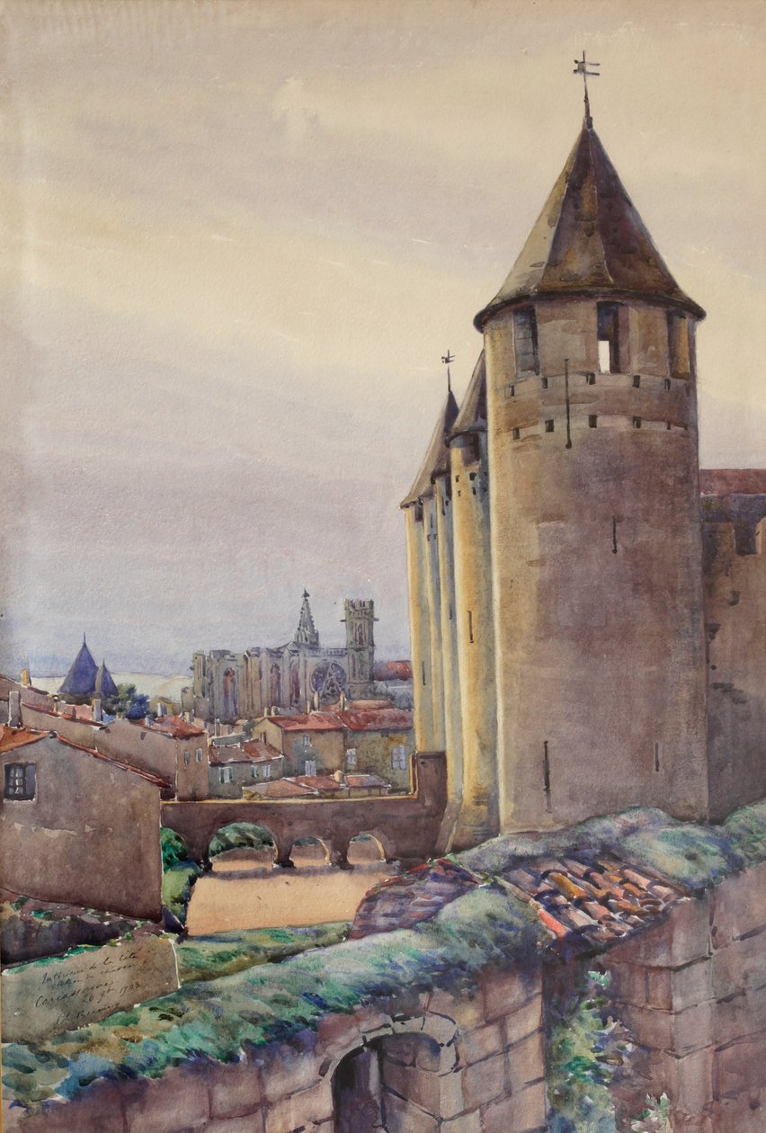 Carcassonnen kaupungin sisustus, n.1904 (akvarelli) tekijältä Charles Bernier