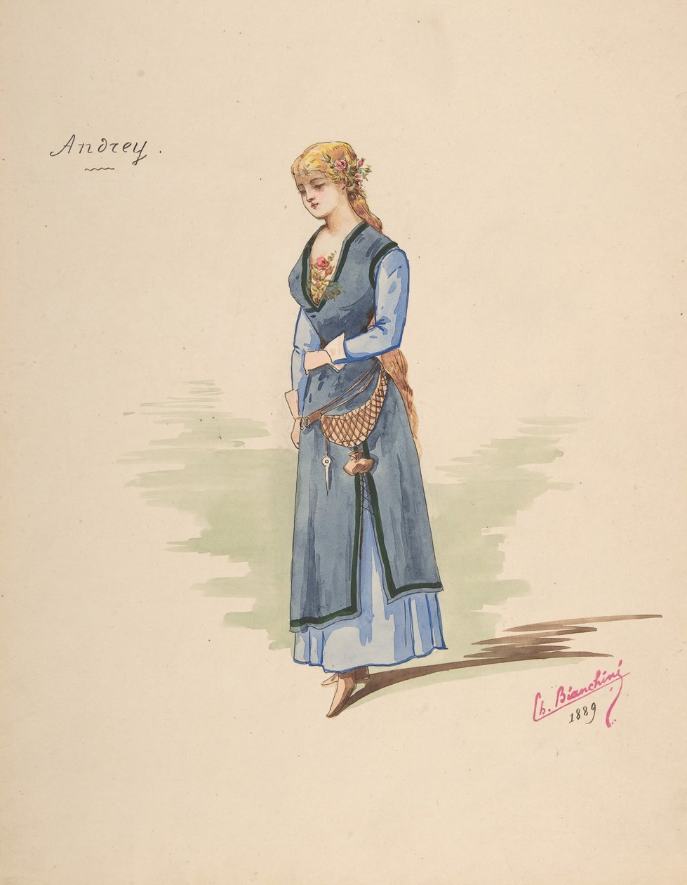 Pukusuunnittelu Andreille [a], lisävarusteiden kuvaus [b], 1889. tekijältä Charles Bianchini