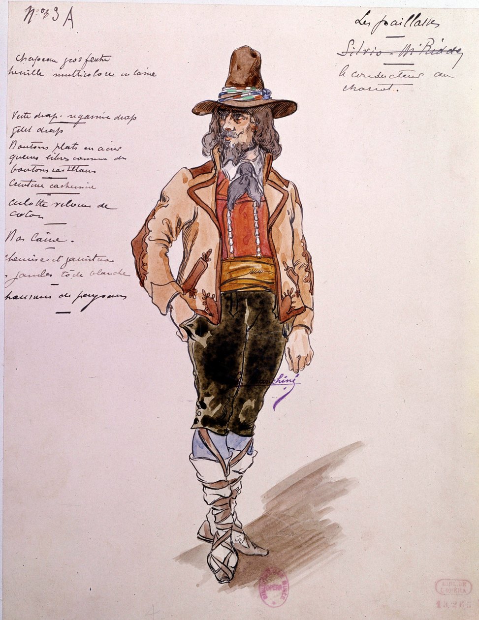 Valmentajan puku Ruggero Leoncavallon (1857-1919) oopperaan "" Paillasse"" (pagliacci, klovnit) vuodelta 1892. Charles Bianchinin (1860-1905) akvarelli tekijältä Charles Bianchini