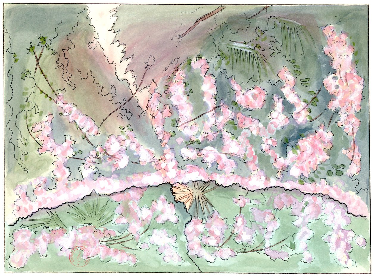 Massenet - Esclarmonde - Charles Bianchinin lavastus - 2. näytöksen 1. kohtaus, ruusuverho laskeutuu - G. Steinin piirros, 1889 (c) tekijältä Charles Bianchini