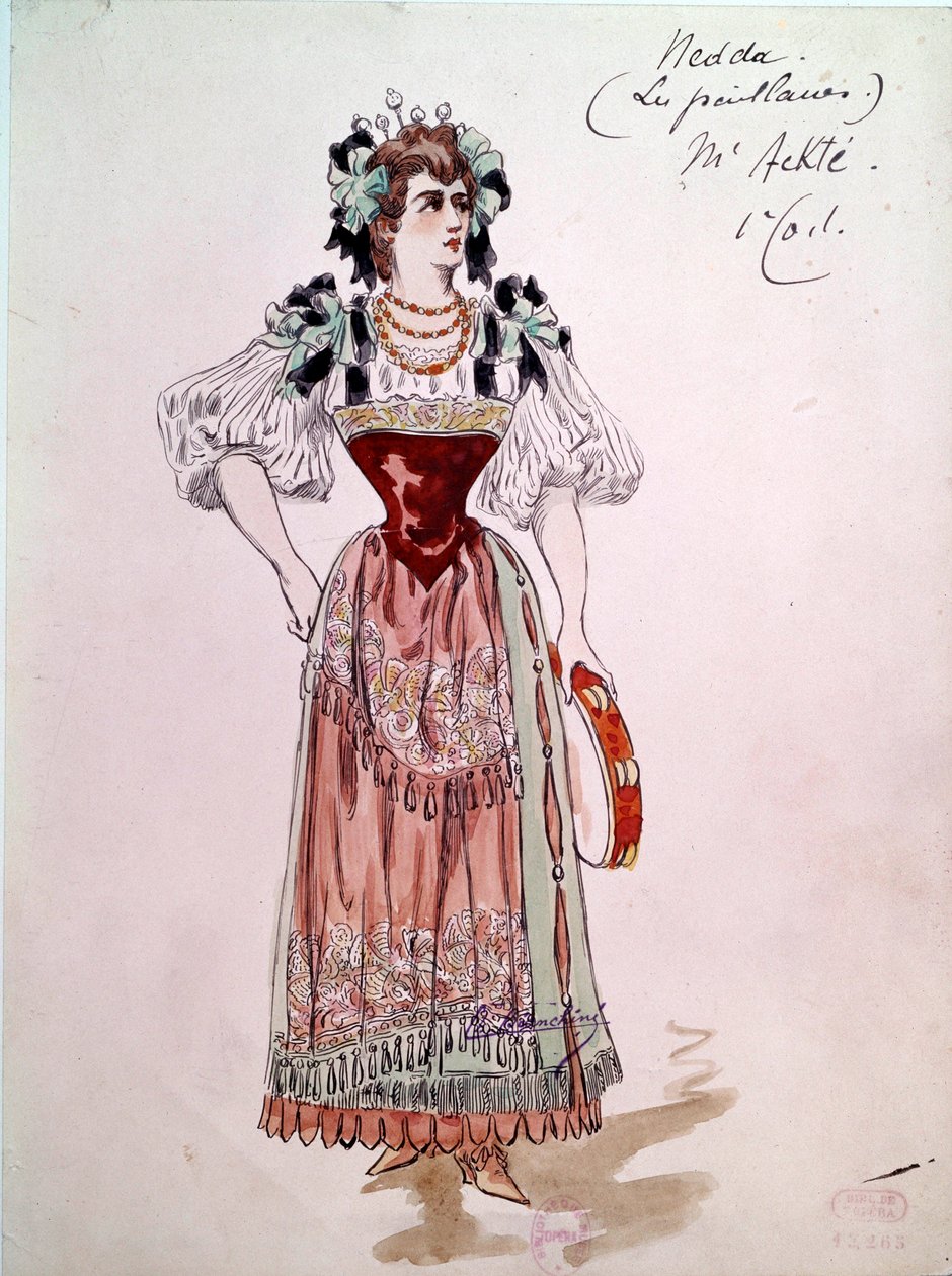 Nedda- tai Colombine-asu Ruggero Leoncavallon (1857-1919) oopperaan "" Paillasse "" (klovnit, klovnit) vuodelta 1892. Charles Bianchinin (1860-1905) akvarelli tekijältä Charles Bianchini