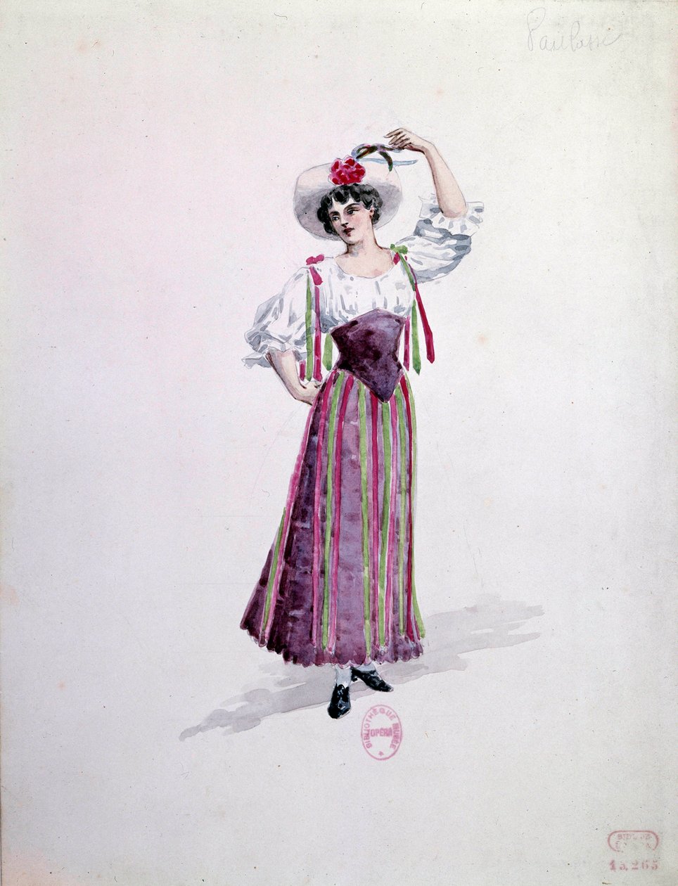 Nuoren naisen puku (Nedda vai Colombine?) Ruggero Leoncavallon (1857-1919) oopperaan "" Paillasse"" (de pagliacci, klovnit) vuodelta 1892. Charles Bianchinin (1860-1905) akvarelli tekijältä Charles Bianchini
