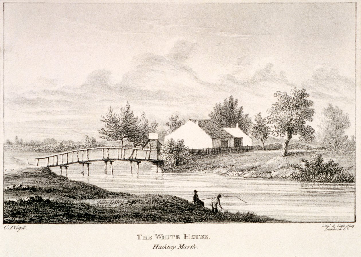 Valkoinen talo Lea-joen rannalla, Hackney Marsh, Lontoo, 1830 tekijältä Charles Bigot
