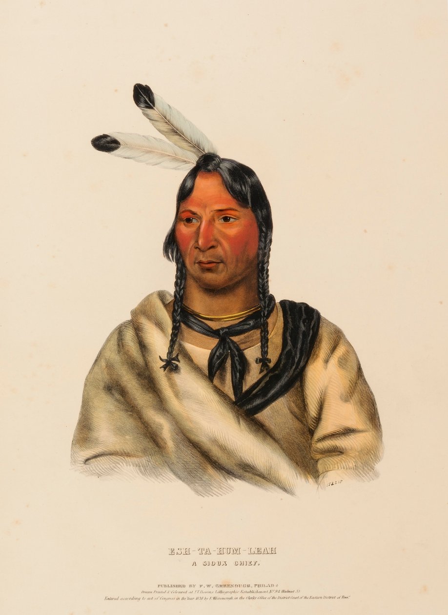 ESH-TA-HUM-LEAH. A SIOUX CHIEF, kirjasta History of the Indian Tribes of North America (Pohjois-Amerikan intiaaniheimojen historiaa) tekijältä Charles Bird King