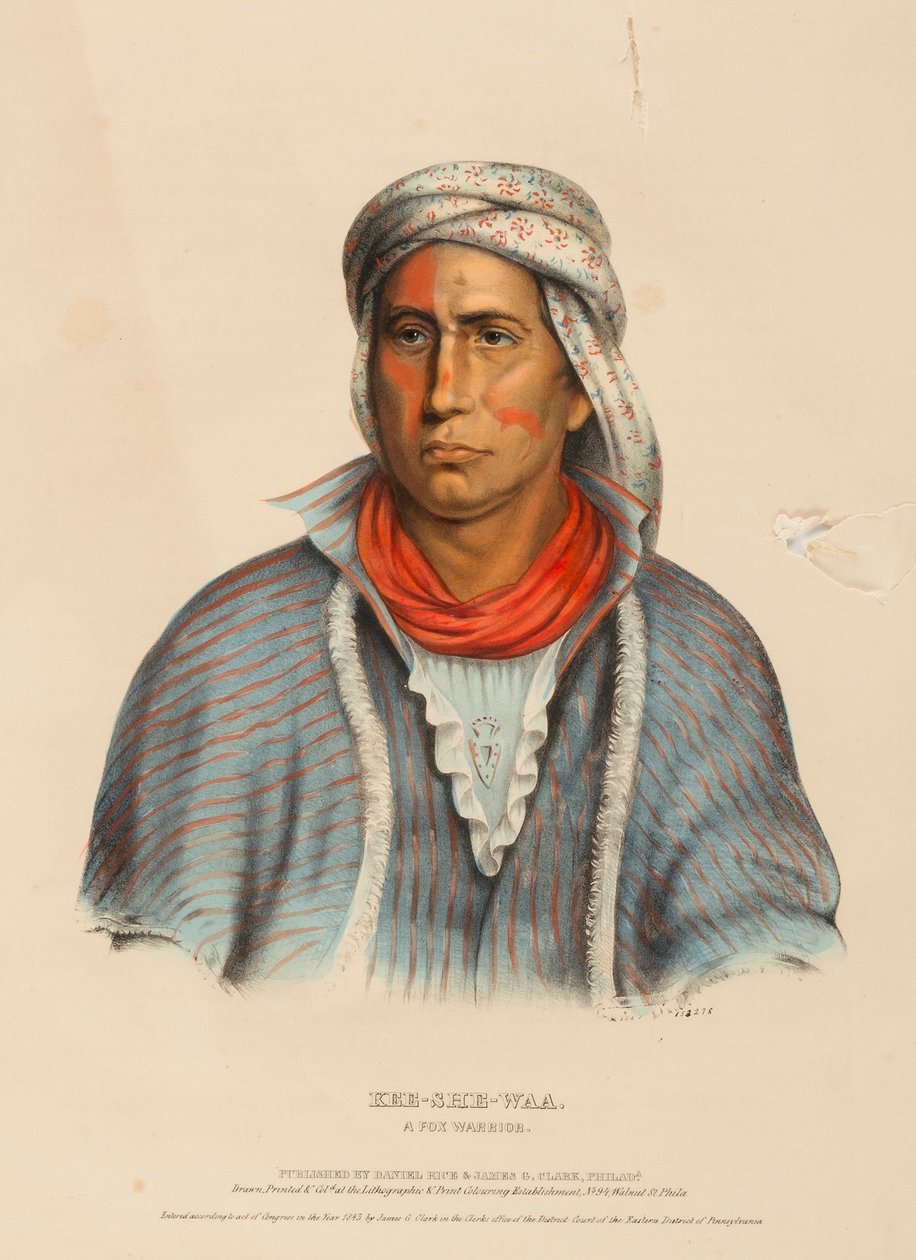 KEE-SHE-WAA. A FOX WARRIOR., kirjasta History of the Indian Tribes of North America. tekijältä Charles Bird King