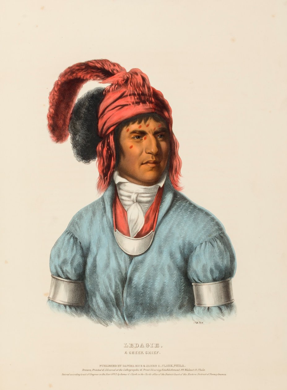 LEDAGIE. A CREEK CHIEF., kirjasta History of the Indian Tribes of North America. tekijältä Charles Bird King