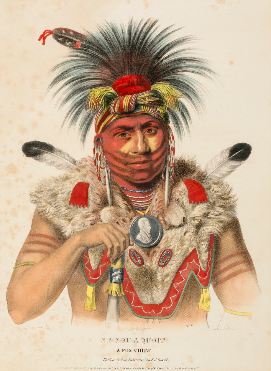 NE-SOU-A-QUOIT. A FOX CHIEF., kirjasta History of the Indian Tribes of North America. tekijältä Charles Bird King