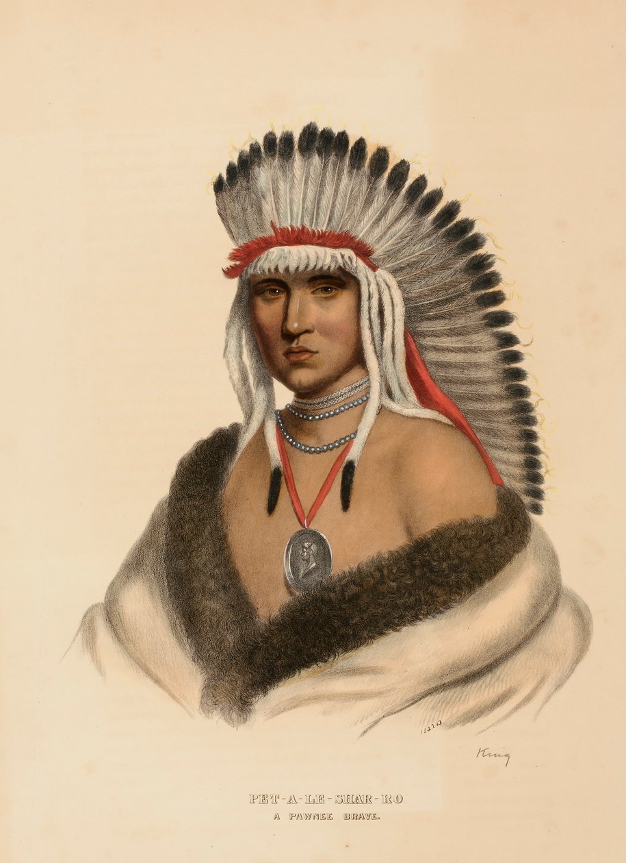 PET-A-LE-SHAR-RO. A PAWNEE BRAVE., kirjasta History of the Indian Tribes of North America. tekijältä Charles Bird King